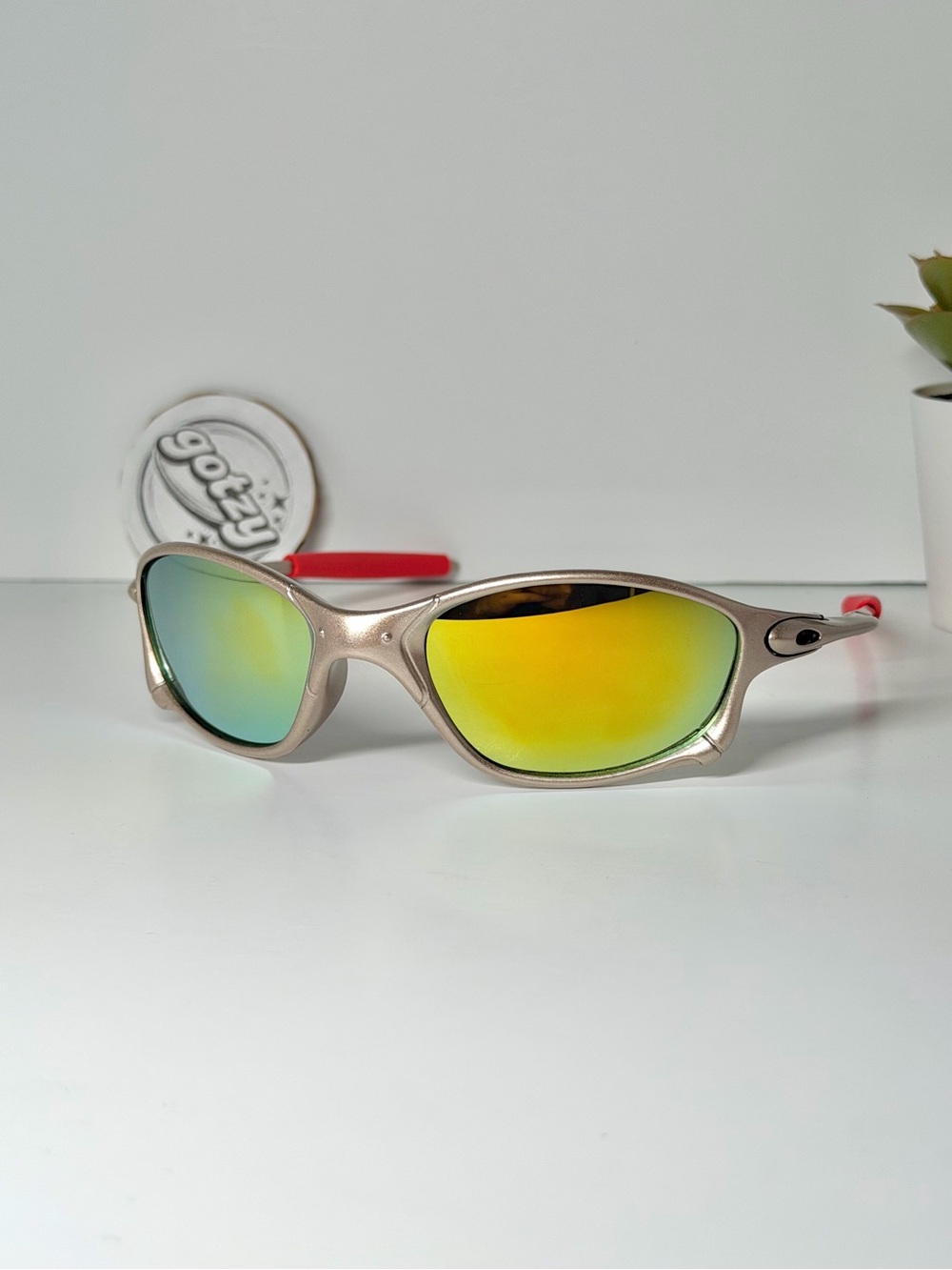 Polished Silver Sunglasses with Yellow-Green Iridescent Lenses